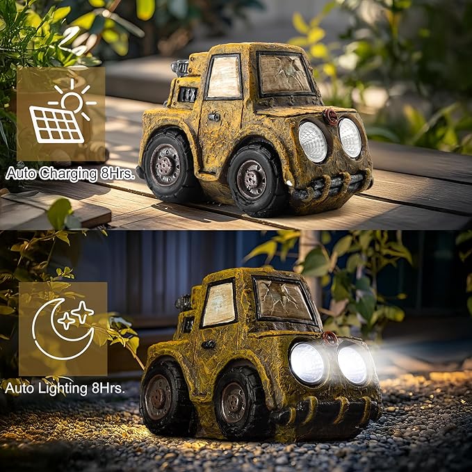 Garden Statue Outdoor Solar Car Decor with LED Light Vintage Resin Sculpture Truck Rustic Decoration for Lawn Patio Yard Gifts for Women