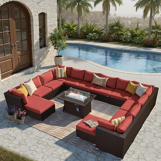 BULEXYARD 15 Piece Highback Wicker Patio Furniture Sets with Firepit, All-Weather Heavy Duty Outdoor Conversation Set Modular, Extra Deep Wide 14-Seats Sectional Couch Sofa for Backyard, Brown & Red