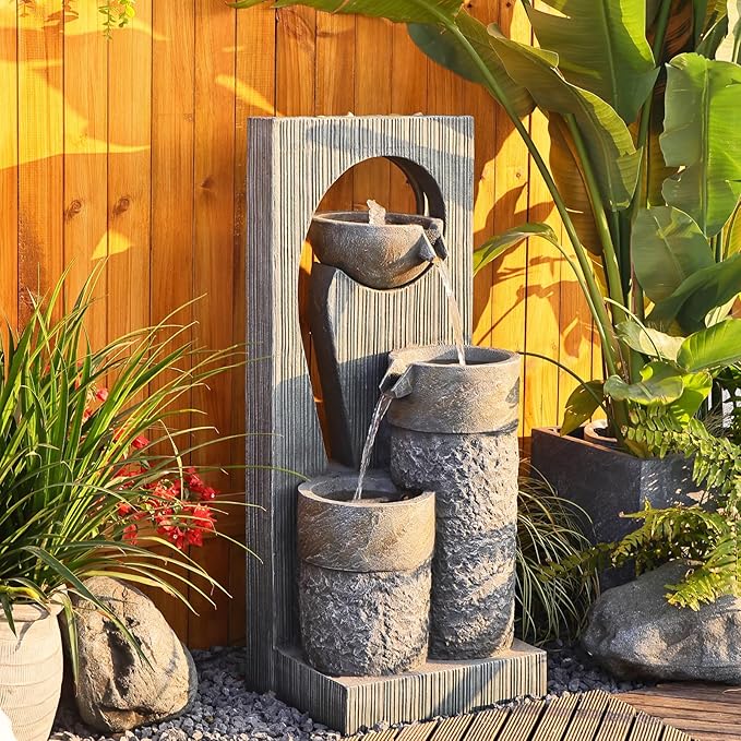 Outdoor Water Fountain Garden Waterfall - Large Zen Indoor Fountains Modern Freestanding Water Features with Lights and Pump for Patio Yard Deck Porch Pool Gray
