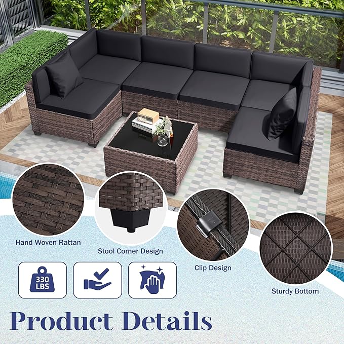 KIGOTY Patio Furniture Set,14 Pieces Modular Outdoor Sectional Sofa, PE Rattan Patio Conversation Set, All Weather Wicker Patio Furniture with Cushions and Coffee Table (Brown/Dark Grey)