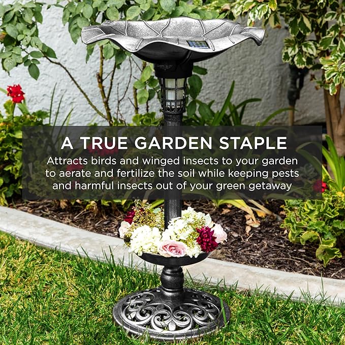 Best Choice Products Outdoor Solar Lighted Pedestal Bird Bath Fountain Decoration w/Planter, Integrated Panel, Scroll Accents for Lawn, Garden - Black