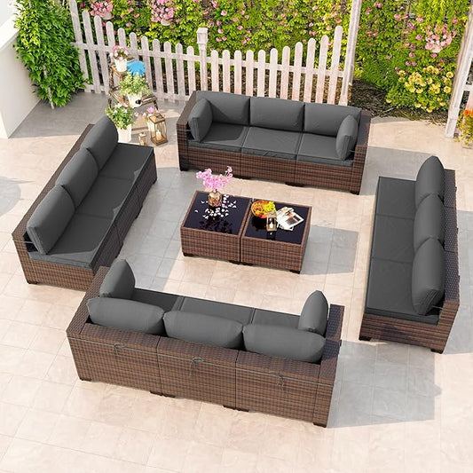 Kullavik 14 Pieces Outdoor Patio Furniture Set,Sectional Rattan Sofa Set Brown PE Rattan Wicker Patio Conversation Set with Tempered Glass Coffee Tables and Washable Cushions Covers,Grey