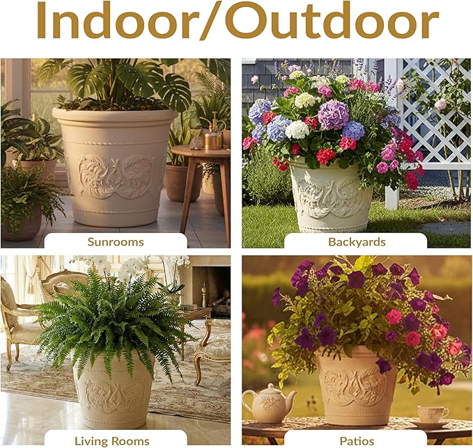 Sunnydaze 19.5-Inch Arabella Large Plastic Pot for Plants - Outdoor Double-Walled Polyresin Large Plastic Planter with Drillable Drainage Holes - Antique White - 2-Pack