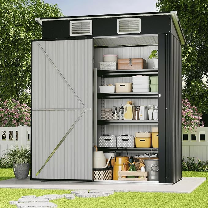 5x3 FT Outdoor Storage Shed, Weatherproof Garden Shed with Lockable Double Doors, Sloped Roof & Ventilation for Backyard, Patio, Poolside - Image 8