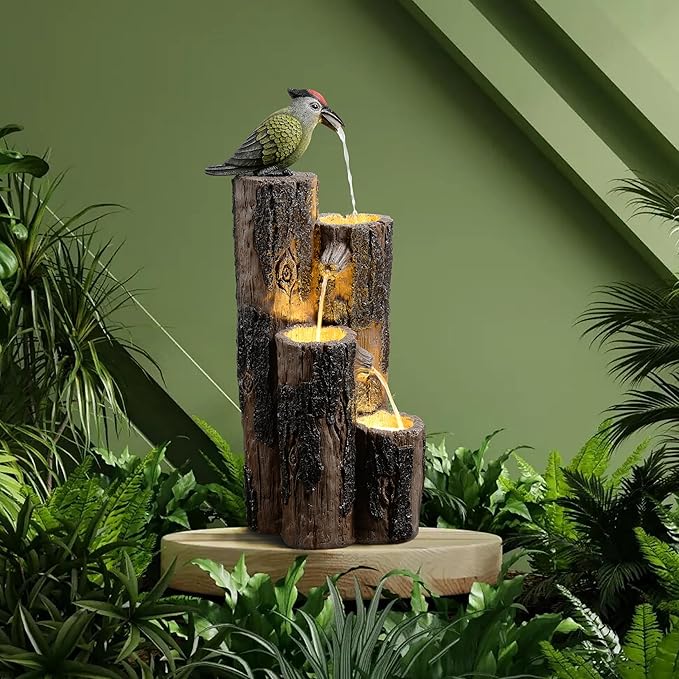 GOSSI Water Fountain Outdoor with Hummingbird, Cascading Waterfall Fountain, Rustic Log Design with LED Lights for Garden Decor