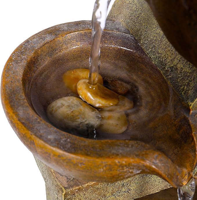 Alpine Corporation WCT726 | 16"H Indoor/Outdoor Tabletop Tiered Pouring Pots Waterfall Fountain — Natural Stone-Look Finish Adds Rustic Charm — Brown