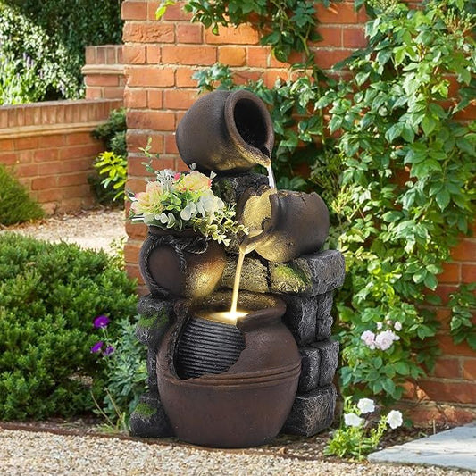 TITIMO Outdoor Water Fountain with Flower Pot and Lights - Cascading Pitchers Farmhouse Fountains and Waterfalls, Garden Fountain Patio Decor, Waterfall Fountains Indoor and Outdoor
