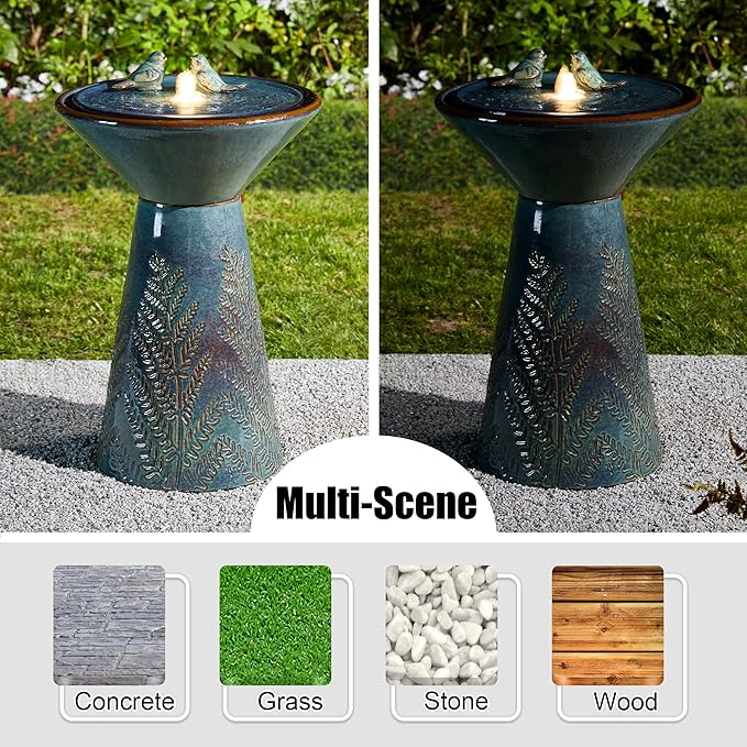 Glitzhome 27.5" H Ceramic Garden Water Fountain with LED Light and Pump Bird Bath Fountain Outdoor Turquoise Embossed Pattern Pedestal Freestanding Water Fountain for Yard Floor Patio Backyard
