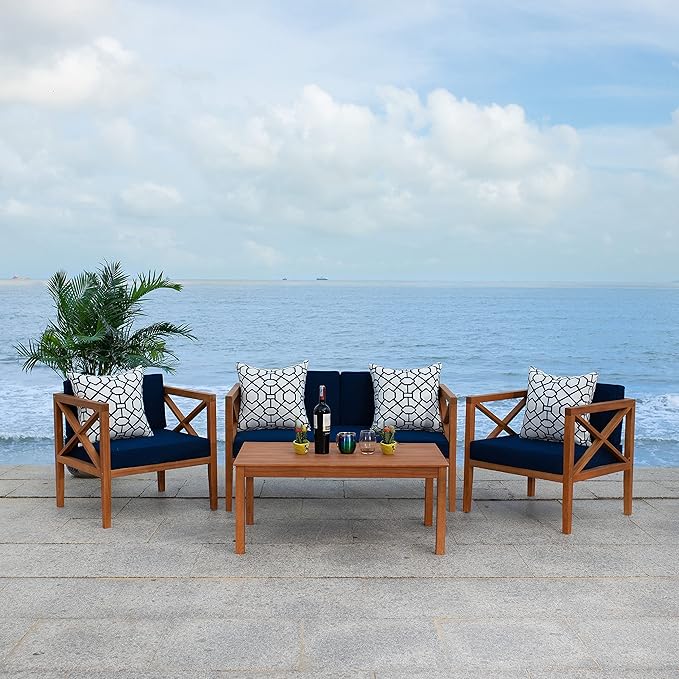 SAFAVIEH Outdoor Collection Montez Natural/Navy Blue Cushion 4-Piece Conversation Patio Set with Accent Pillows