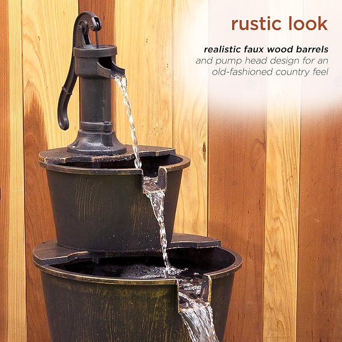 Alpine Corporation 40" Tall Outdoor Floor Tiered Rustic Pump and Barrel Water Fountain, Old-Fashioned Waterfall for Garden, Patio, Yard Decor, Dark Brown