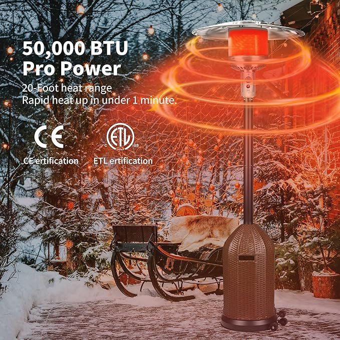 MAJARO 50,000 BTU Outdoor Propane Patio Heater with Wheels – Wicker-Style Propane Tank Cover, Weighted Base, Easy Ignition & Safety Tilt Shut-Off for Patio & Outdoor Living Spaces