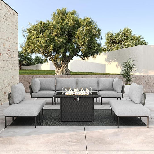 LayinSun 9 Pieces Aluminum Patio Furniture Set, Modern Modular Sectional Sofa with Fire Pit Table and Upgrade Thickness Cushion