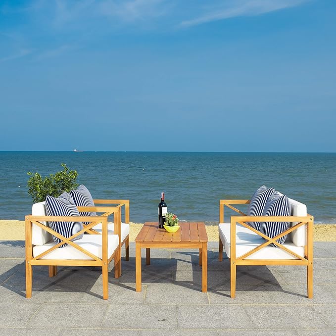 Safavieh Outdoor Nunzio Natural and Beige 4-Piece Patio Set (Pillows Included)