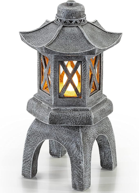 VP Home Solar-Powered Pagoda Garden Statues - Japanese Zen Lantern Outdoor Decor with Flickering LED Light - Durable Polyresin for Yard, Patio, or Garden - 12 x 7 x 6 Inches (Zen Garden Pagoda)