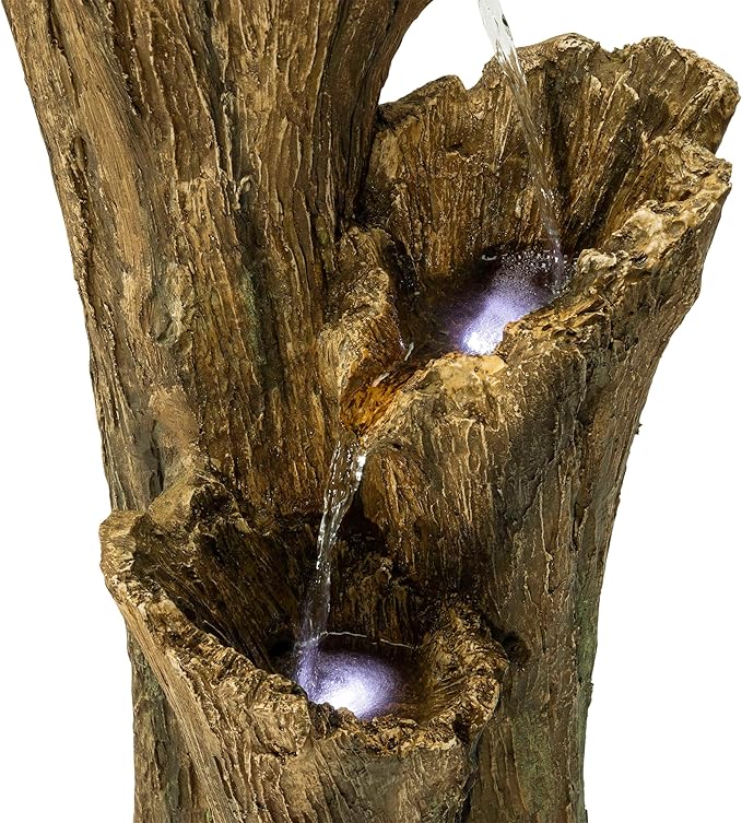 Alpine Corporation TZL210 39” Outdoor 3-Tiered Aged Log Water Fountain with LED Lights – Garden Water Feature for Patio, Lawn & Yard Decoration, Brown