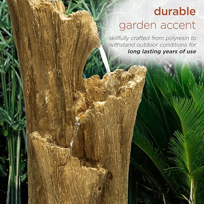 Alpine Corporation TZL210 39” Outdoor 3-Tiered Aged Log Water Fountain with LED Lights – Garden Water Feature for Patio, Lawn & Yard Decoration, Brown