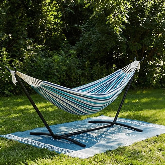 Double Hammock with Steel Stand - 2 Person Hammock Bed Indoor Outdoor, Brazilian-Style, with Carry Bag, 450lb Capacity, Portable & Easy Assembly, Ocean by IDEALHOUSE
