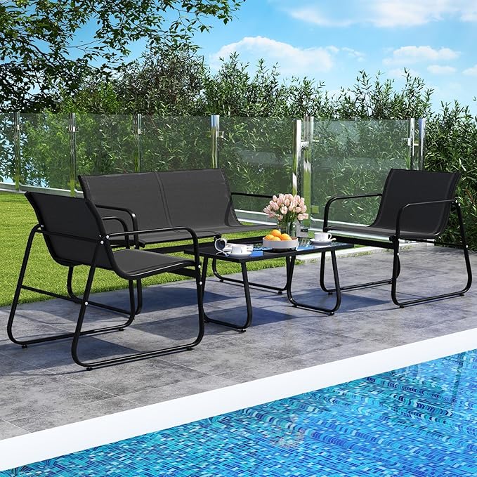 HAPPYGRILL 4 Pieces Patio Conversation Set, Fabric Lawn Chairs and Loveseat with Tempered Glass Coffee Table, Heavy Duty Metal Frame, Outdoor Furniture Set for Porch, Garden and Poolside