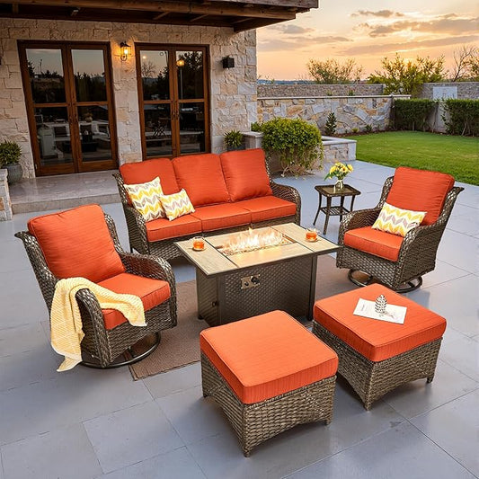 ovios 7-Piece Patio Furniture Set with Swivel Chairs Coffee Table, Outdoor Wicker Sofa with 42" Fire Pit Table, High Back Couch Modern Conversation Sets, Brown/Orange Red