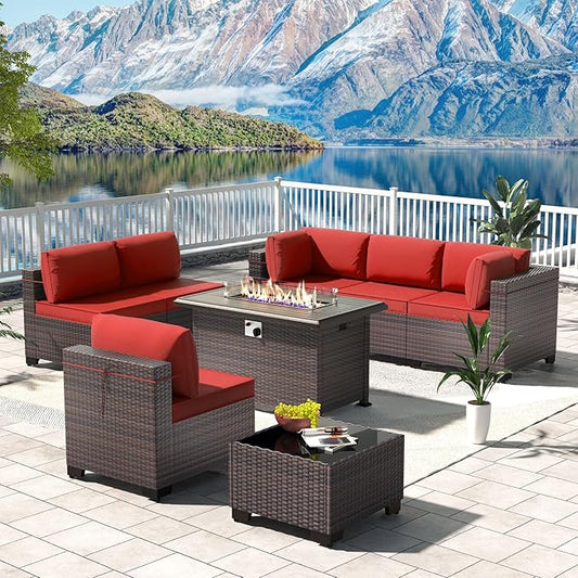 Kullavik 8 Pieces Outdoor Patio Furniture Set,Sectional Sofa Set with 43" 55000 BTU Gas Propane Fire Pit Table,Brown PE Rattan Wicker Patio Conversation Set,Red
