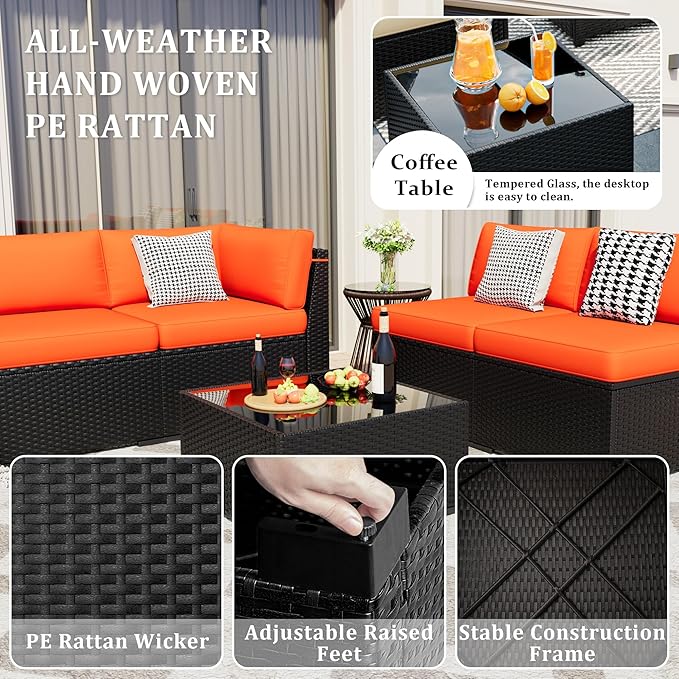 Patio Furniture Set, 7 Pieces Outdoor Sectional Sofa Set with Waterproof Cover, Black PE Wicker Rattan Slanted Back Outdoor Conversation Set with Cushions and Glass Coffee Table, Orange