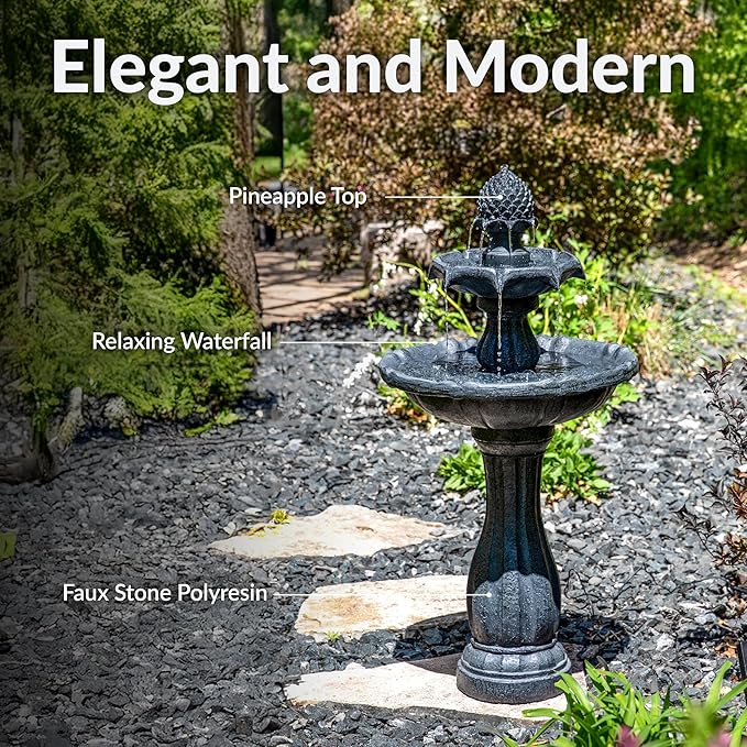 Sunnydaze Pineapple 46-Inch 2-Tier Outdoor Solar Fountain - Decorative Water Fountain with Pump for Garden, Patio, Yard or Balcony - Black