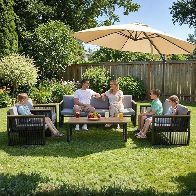 5 Piece Patio Conversation Set for 7, Modular Patio Sofa Couch with Cushions, Rattan Outdoor Patio Furniture Set with Loveseat/Coffee Table, Outdoor Sectional Furniture for Deck/Porch, Grey