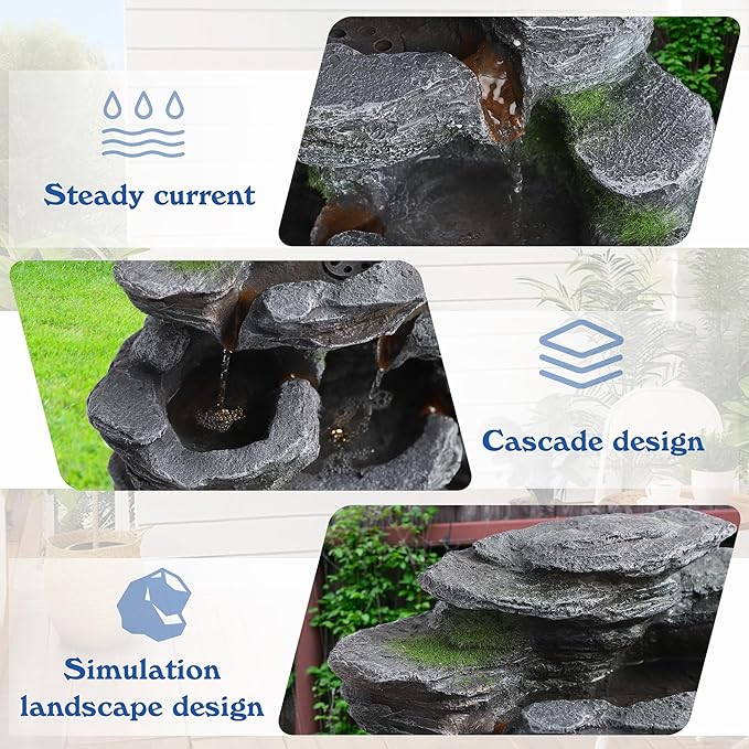 7-Tiers Garden Waterfall Fountain Outdoor - Water Fountains and Waterfalls, Outdoor/Indoor Floor Style Resin Fountain with LED Light for Patio, Garden and Backyard, Deck, Porch, Home