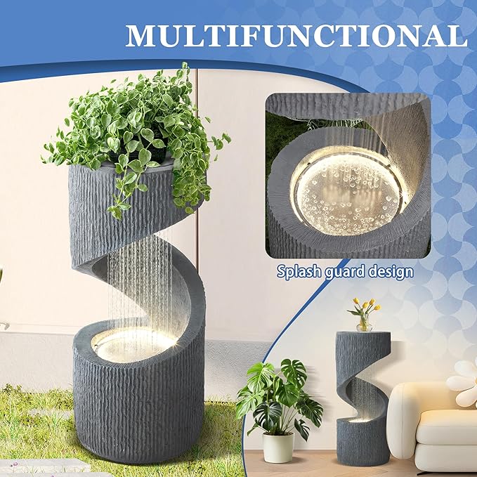 31.9" Outdoor Garden Water Fountain, S-Shaped Cascading Fountains and Waterfalls with LED Lights & Splash-Proof Net, Indoor/Outdoor Floor Standing Water Feature for Patio, Backyard, Home Decor