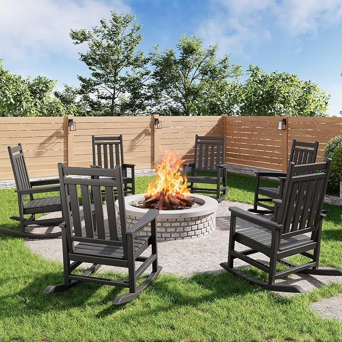 Garvee HDPE Rocking Chair Outdoor Set of 6 - Poly High Back Porch Rocker Chairs for Adults - All Weather Resistant Furniture for Patio Front Porch - Black by Garvee