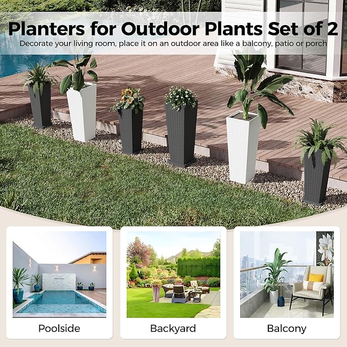 2 Pack Large Planters for Indoor Plants, Outdoor Tall Planter with Drainage Holes, Plant Pots for Trees Flowers, All-Weather Use with Removable Insert Bucket (24inch, 32 inch, White)