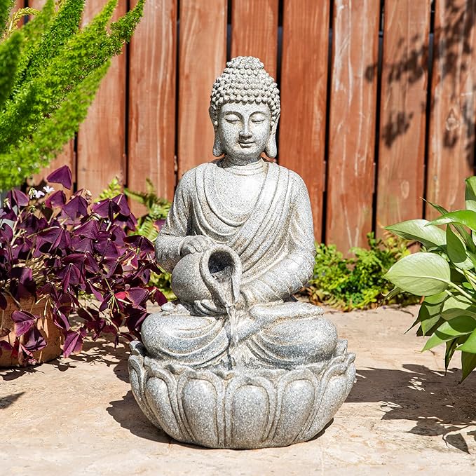Glitzhome Buddha Fountain Outdoor 20.5" H, 2-Tier Zen Style Concrete Meditating Buddha Statues Water Fountains with Pump & LED Light, Buddhas Floor Fountains Sculpture for Garden Patio Backyard