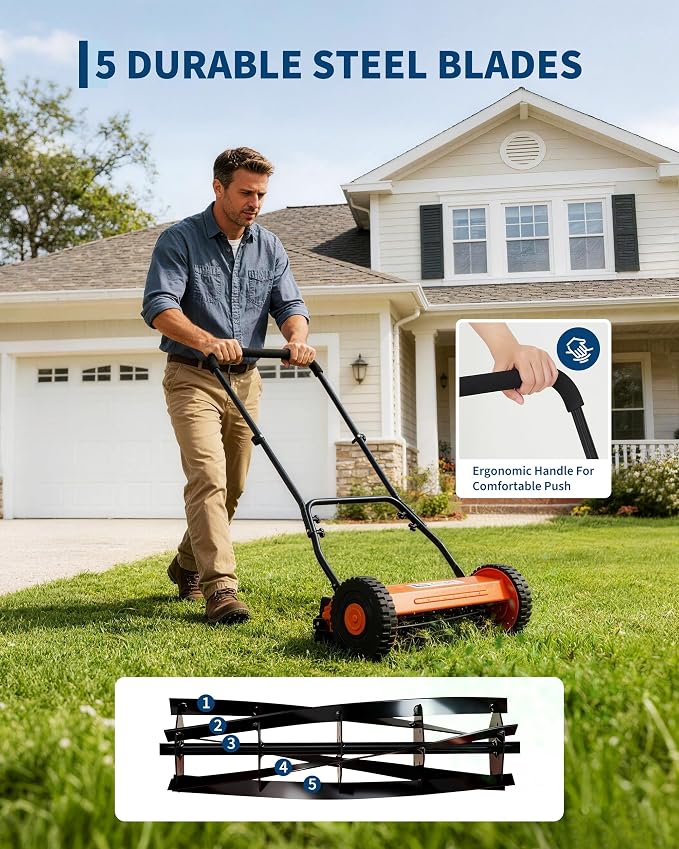 Push Reel Lawn Mower, 14 Inch 5-Blade Manual Reel Lawn Mower, Walk-Behind Lawn Mower with Adjustable Cutting Height, Orange - Image 3