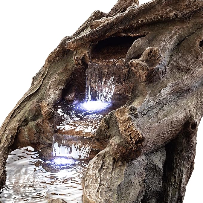 Alpine Corporation 80" Long Indoor/Outdoor Wood River Log Water Fountain with LED Lights, Cascading Natural Water Feature for Gardens, Patios, Yards, and Outdoor Decor, Brown and Gray