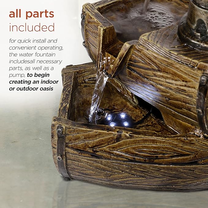 Alpine Corporation WIN826 14” Vintage Water Pump Tabletop Fountain with 2-Tiered Barrel Design & LED Lights – Decorative Indoor Water Feature for Home & Office, Brown