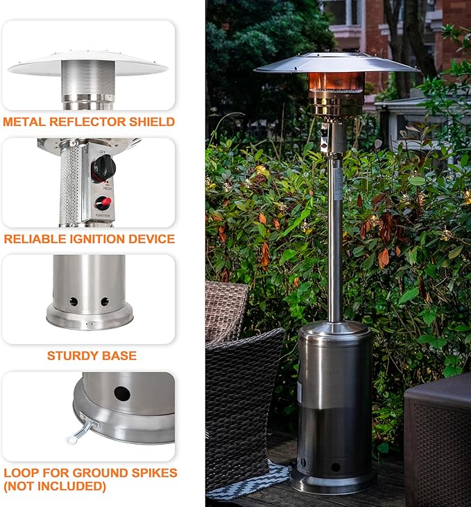 Nuu Garden Outdoor Propane Patio Heater, 46,000 BTU with Stainless Steel Propane Gas Patio Heater and Wheels, Silver for Garden and Terrace