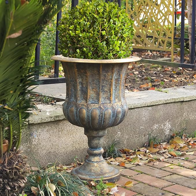 Worth Garden 24.5" H. Metal Urn Planters 1-Pack - Bronze Classic Antique Iron Plant Pots - Large Decorative Rustic Flower Pots for Outdoor Use - Traditional Urn Planter for Patio, Front Porch