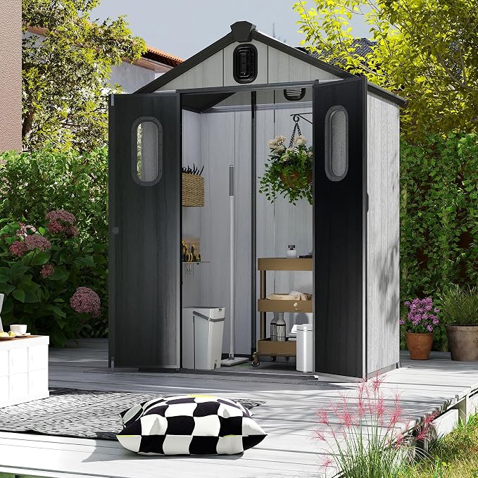 Domi 5x3Ft Resin Outdoor Storage Shed, Small Plastic Garden Shed with Carpet, Outside Weatherproof Storage Building for Tools, Bike, Lawn Mower, Patio, Backyard by domioutdoorliving
