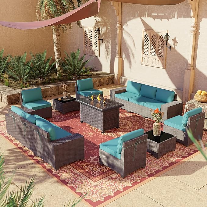 13 PCS Outdoor Patio Furniture Set,Outdoor Sectional Furniture with 43" 55000 BTU Gas Propane Fire Pit Table,All Weather PE Rattan Wicker Patio Conversation Set,Turquoise Blue