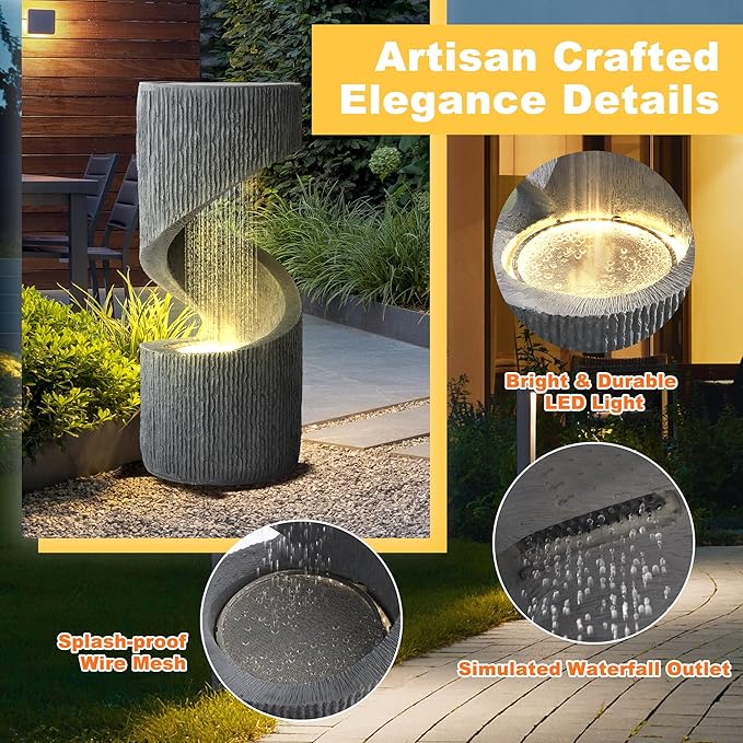 MAGIC UNION Outdoor S-Shaped Water Fountain, Spiral Waterfall Indoor Fountain Outside Garden Decor with LED Lights & Pump, Curved Patio Resin Fountains for Yard, Deck, Porch and Home Decorations