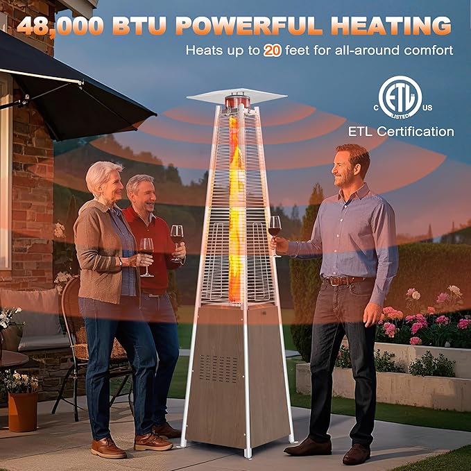 Nuu Garden Pyramid Propane Patio Heater 48,000 BTU with Wheels, Outdoor Glass Tube Heating Tower for Deck, Porch, Camping, Backyard, Stainless Steel Burner, Wood-Grain Finish