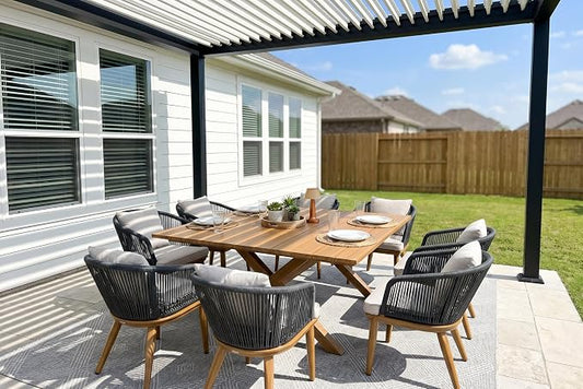 PURPLE LEAF 9 Pieces Outdoor Metal Furniture Set Patio Conversation Sets Wood Pattern Dining Set, 1 Dining Table and 8 Modern Chairs with Cushions Seat by PURPLELEAF