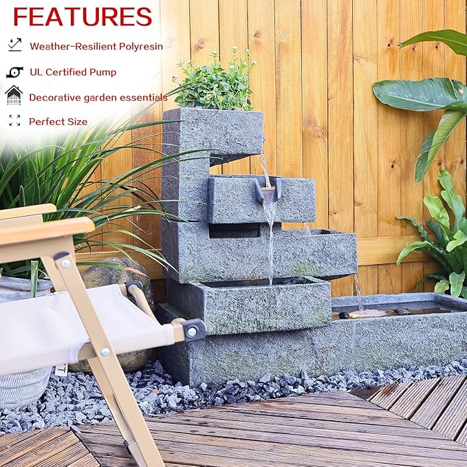 Tiered Water Fountain Outdoor Garden - Waterfall Indoor Freestanding Cascade Fountain Concrete Artistry Modern Style with LED Lights for Patio Yard Pool Home Decor,32.5 inches Long