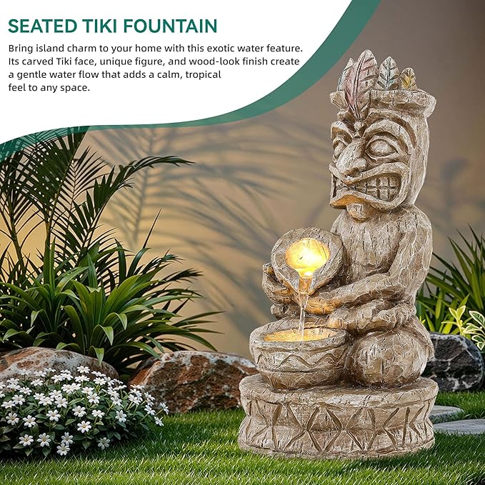 23" Tiki Outdoor Water Fountain, 2-Tier Water Feature with LED Lights, Soothing Cascading Waterfall for Tranquile, Relaxing, Meditative Patio, Backyard, Garden or Porch