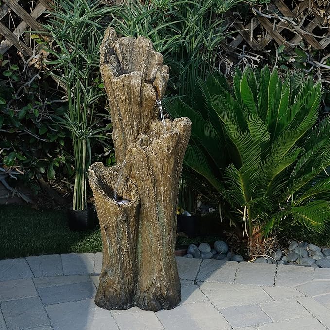 Alpine Corporation TZL210 39” Outdoor 3-Tiered Aged Log Water Fountain with LED Lights – Garden Water Feature for Patio, Lawn & Yard Decoration, Brown