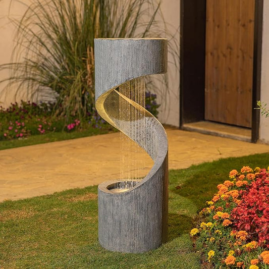 Glitzhome Outdoor Fountain with LED Light, Oversized Spiral Water Fountain Outdoor with Stone Planter, Modern Curved Waterfall Fountains Water Feature for Garden Patio, 40”H