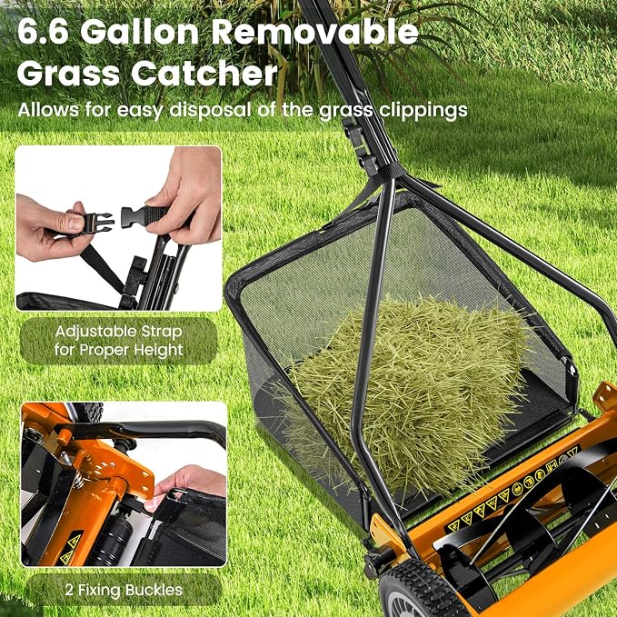 IRONMAX Lawn Mower, 14 Inch Push Reel Lawn Mower with 5 Steel Blades, Adjustable Cutting Heights, Grass Catcher Bag, Walk-Behind Manual Lawnmower for Garden Park Yard, No Motor (Orange, 14 Inch) - Image 6