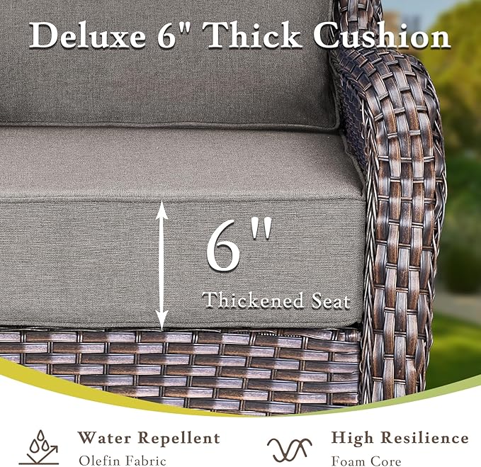Luxury High Back Outdoor Furniture with 6-inch Extra Thick Cushions, Patio Furniture Set with Fire Pit Table & Swivel Chairs, 7 PCS Wicker Conversation Set for Patio, Yard, Deck, Poolside, Brown/Grey