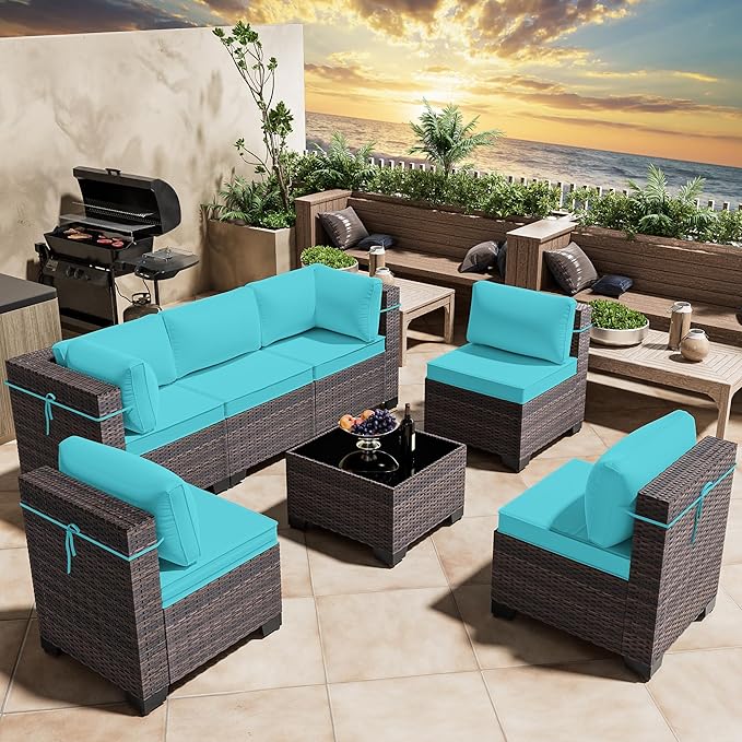 7 Pieces Outdoor Patio Furniture Set,Outdoor Sectional Furniture All Weather PE Rattan Wicker Patio Conversation Set with Coffee Table and 6 Thickened Cushions,Turquoise Blue