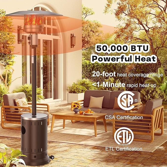 50,000 BTU Patio Heater - Propane Patio Heater with Sand Box, Double-Layer Stainless Steel Burner Space Heater, Outdoor Heaters with Wheels, Used for Garden, Patio and Residential, Brown